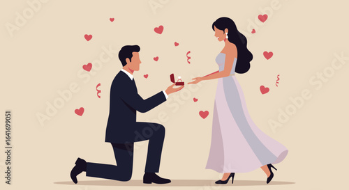Engagement proposal illustration in a romantic setting for wedding invitations, love stories, and Valentine's Day promotions
