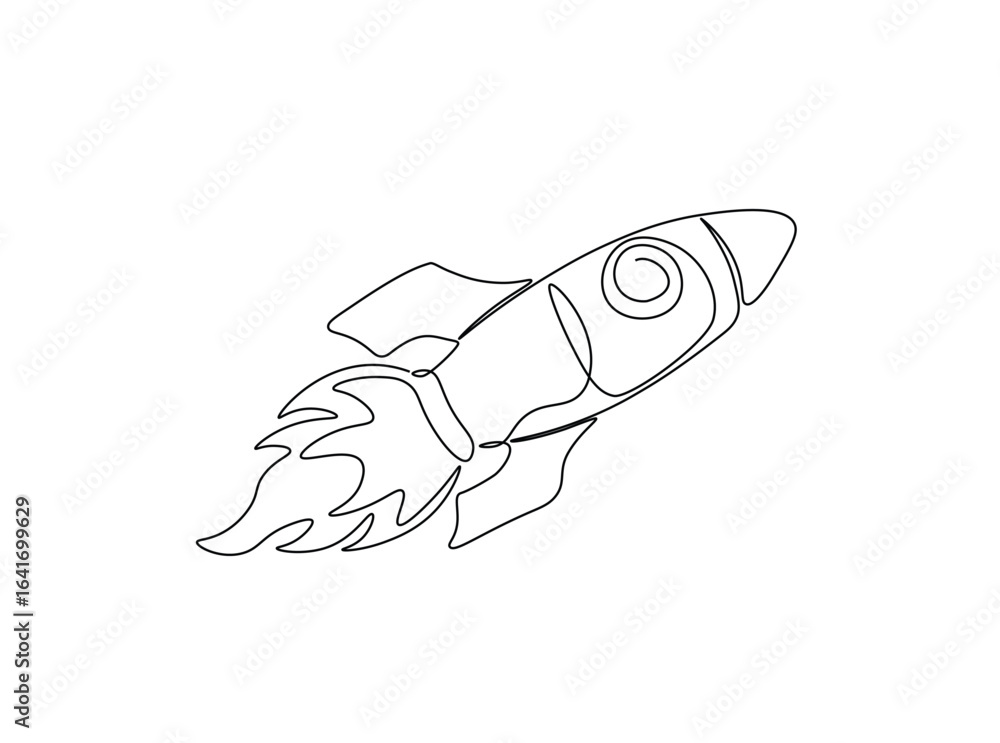 Fototapeta premium Flying rocket sapce ship in single outline illustration. Continuous line art drawing of rocket spacecraft.