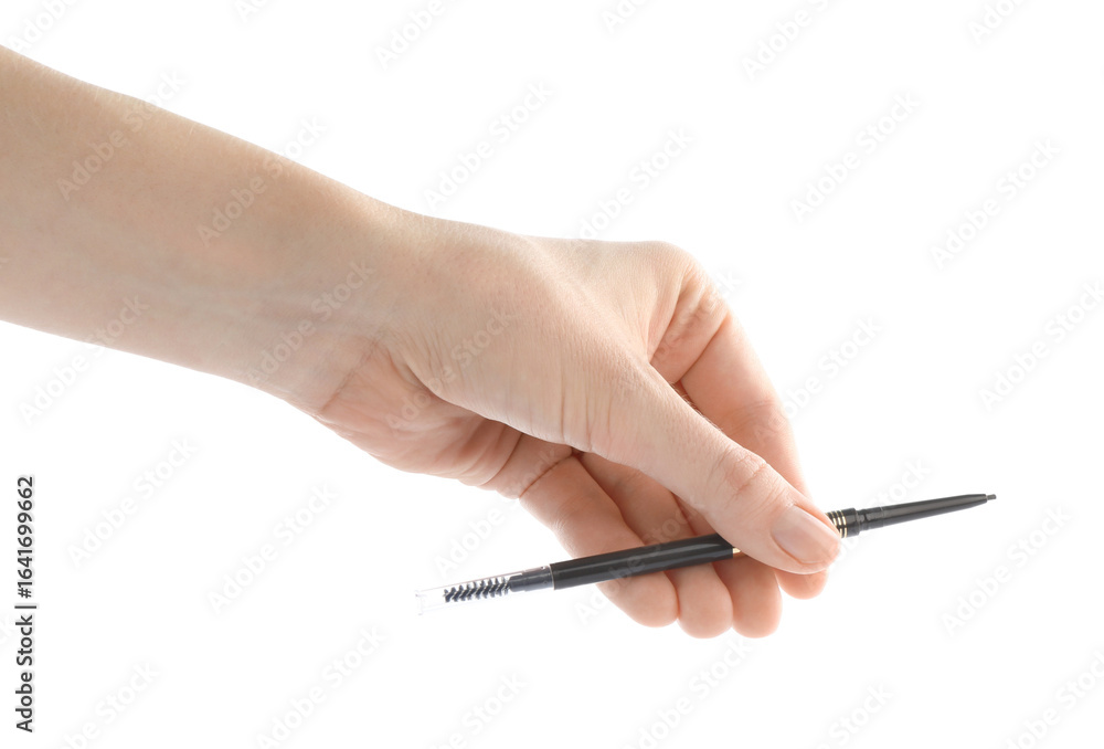 Woman with eyebrow pencil on white background, closeup Woman with eyebrow pencil on white background, closeup