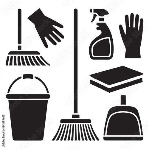 Broom bucket spray bottle vacuum cleaner dustpan sponge gloves cleaning liquid vector. Vector black silhouette. with white background.