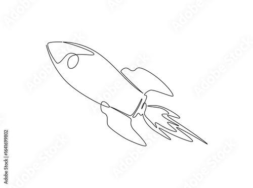 Flying rocket sapce ship in single outline illustration. Continuous line art drawing of rocket spacecraft.