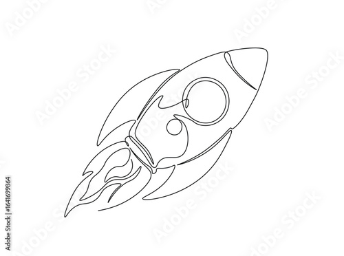 Flying rocket sapce ship in single outline illustration. Continuous line art drawing of rocket spacecraft.