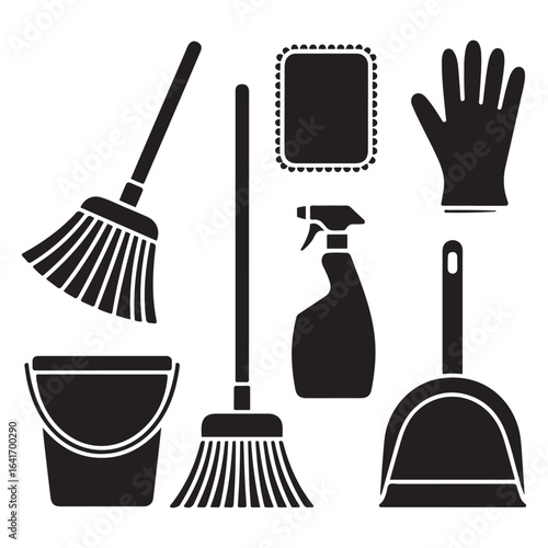 Broom bucket spray bottle vacuum cleaner dustpan sponge gloves cleaning liquid vector. Vector black silhouette. with white background.