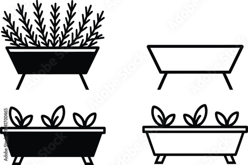 Four simple black and white illustrations of planters with plants