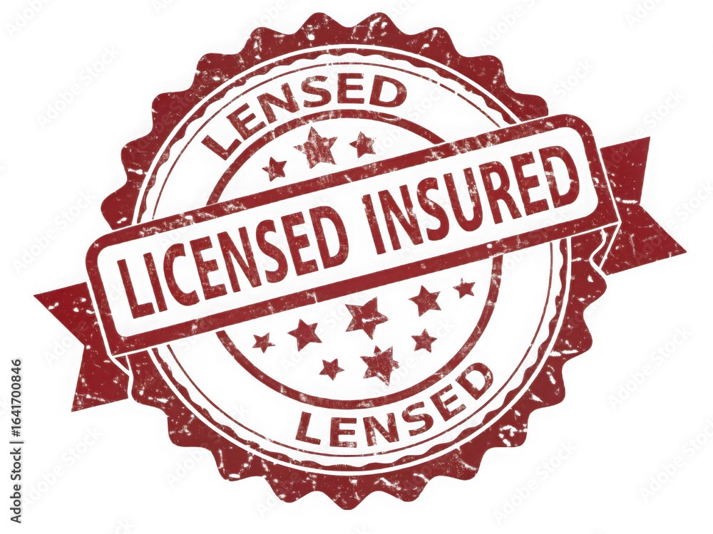 Obraz premium Red circular stamp emblem with text licensed insured and stars isolated on transparent background