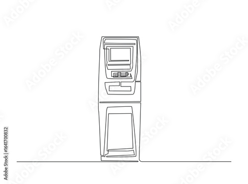 ATM machine in single outline illustration. Continuous line art drawing of automated teller machine for business and finance concept.