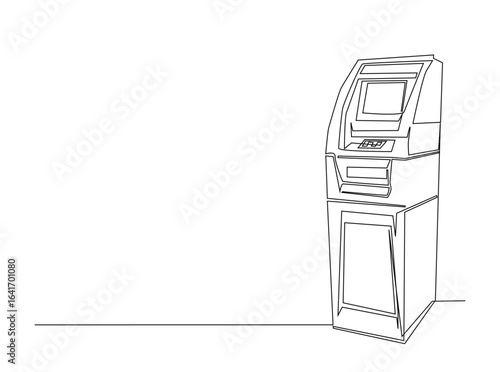 ATM machine in single outline illustration. Continuous line art drawing of automated teller machine for business and finance concept.