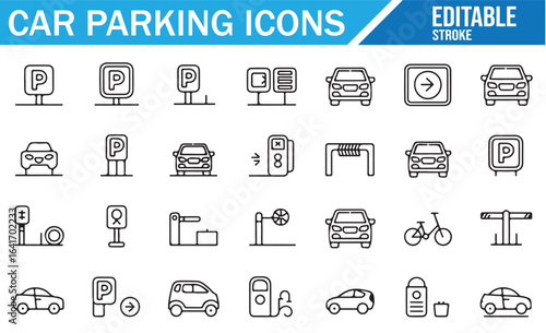 Collection of parking icons, including vehicles, payment meters, and signs.