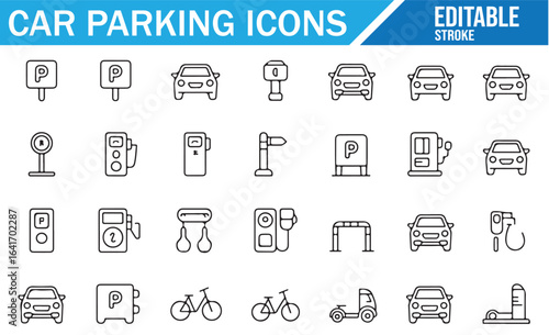 Icons representing various parking signs, parking meters, and vehicles in a clean line style.