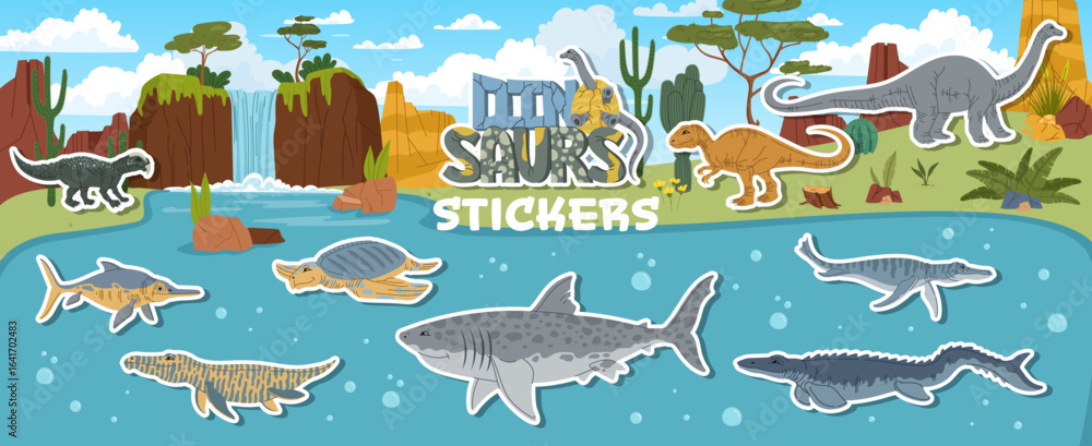 Naklejka premium Prehistoric era land and water dinosaur characters stickers pack. Prehistoric extinct reptile lizard vector tag. Megalodon, Vulcanodon, Allosaurus and Liopleurodon, Tylosaurus, Archelon dino stickers