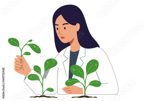 A female scientist examines seedlings, focusing on growth and analysis. Clean, modern lab setting.  Illustrative style.