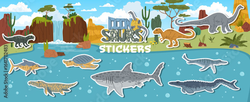 Prehistoric era land and water dinosaur characters stickers pack. Prehistoric extinct reptile lizard vector tag. Megalodon, Vulcanodon, Allosaurus and Liopleurodon, Tylosaurus, Archelon dino stickers