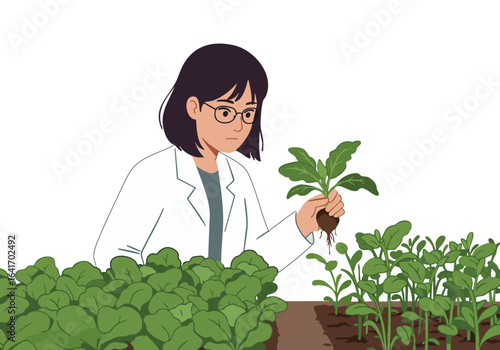 A female scientist examines seedlings in a lab setting. She wears a white coat and glasses, focused on her work. A vibrant green plant is in the foreground, suggesting growth and research.