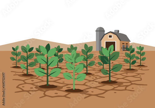 stylized illustration depicts a farm resisting drought showcasing resilient crops and a barn against a cracked earth backdrop -Farm Resist- text adds a bold statement  Clean modern design