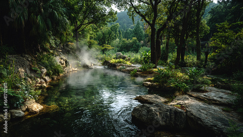 A picturesque river running through a lush forest, creating a peaceful and serene natural background.