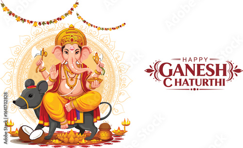 Ganesh Chaturthi Illustration – Lord Ganesha Under Tree with Lamps, Garlands, and Blessing Message