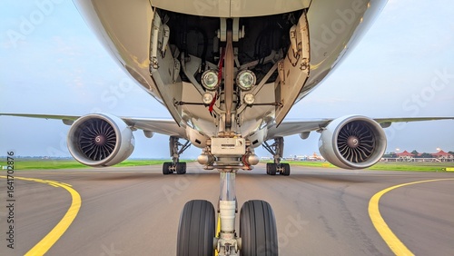 Detailed front shot of airplane nose gear and engines aligned symmetrically on airport taxiway