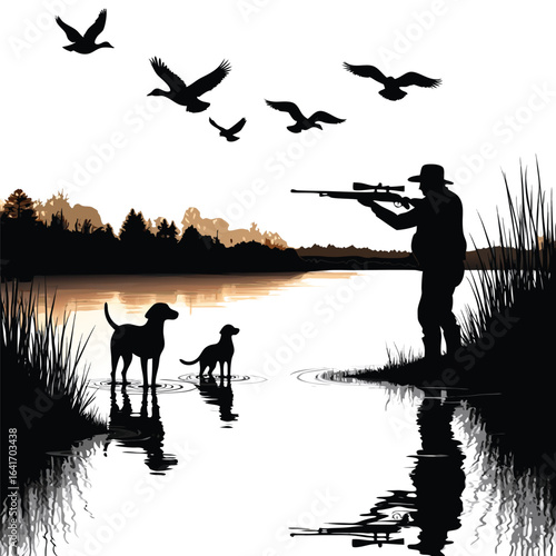 Hunter with dogs and birds by lake at sunset hunting