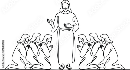 Jesus christ teaching a group of disciples kneeling in prayer