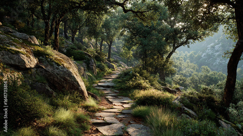 A daytime forest scene under a bright sky, showcasing the natural beauty of the trees and sunlight.