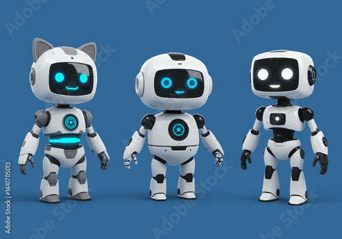 Three adorable white robots with glowing blue and white eyes stand ready to assist, exuding a friendly and futuristic vibe perfect for technology and innovation themes.