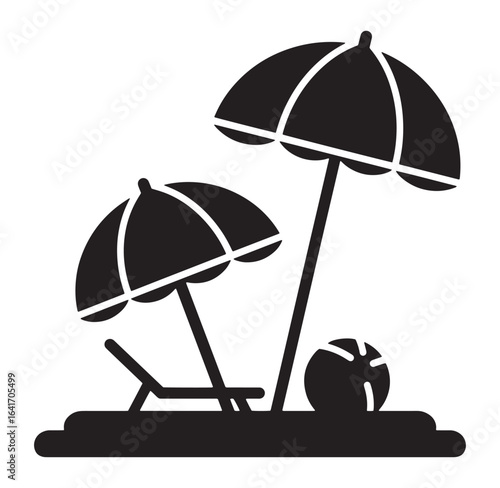 Black and white beach scene with parasols beach chair and ball summer concept design