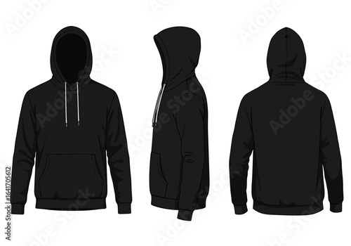 Get a clear view of this classic black hoodie from all angles, front, side, and back, perfect for fashion design mockups and apparel branding projects.