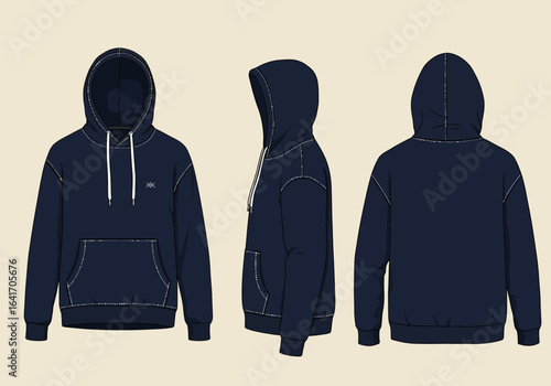 Showcase versatile navy blue hoodie designs from front, side, and back views, perfect for fashion mockups and apparel line presentations.