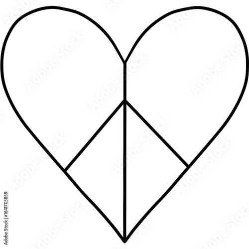 Heart shaped peace symbol icon, a black and white line art vector graphic representing love, harmony, and unity.