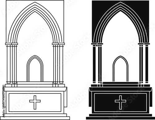 Gothic archway with altar and cross illustration
