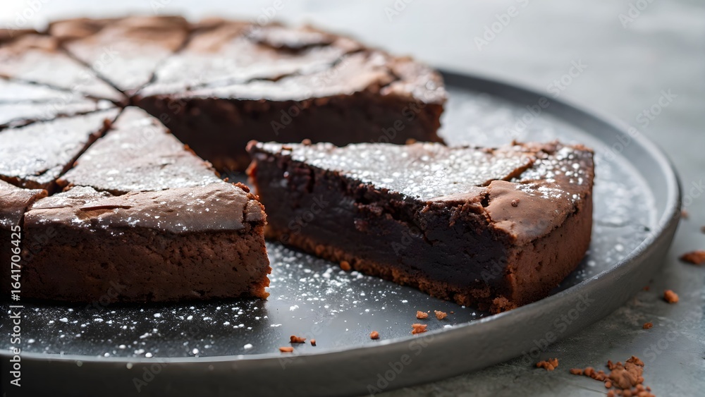 Kladdkaka, the dense and gooey Swedish chocolate cake presented in slightly uneven slices on a dark ceramic plate Kladdkaka, the dense and gooey Swedish chocolate cake presented in slightly uneven slices on a dark ceramic plate