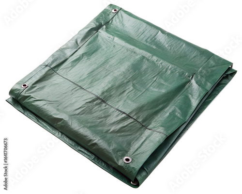 Folded green heavy duty waterproof tarp isolated on transparent background