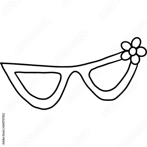 Black and white vector icon of stylish cat-eye sunglasses adorned with a simple flower, a chic retro summer accessory.