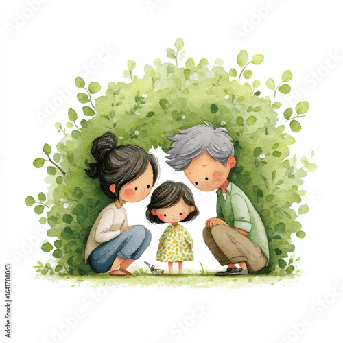 Watercolor Family Portrait with Bush Backdrop Featuring a Girl in a Polka Dot Dress