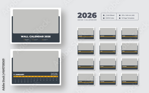 2026 desk calendar design template | Week starts on Sunday | 12-month planner for work or study | Printable, editable vector layout for office use