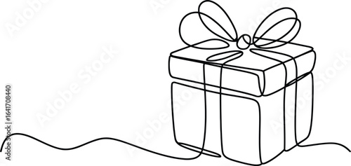 Minimalist single line drawing of a gift box with a bow
