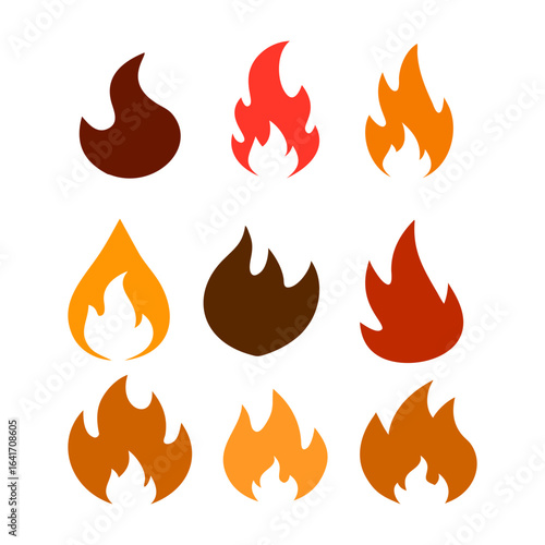 Collection of stylized fire icons representing heat danger and energy suitable for web and print design applications