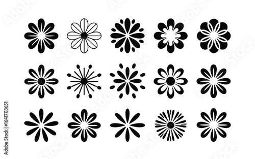 Collection of Fifteen Black and White Flower Silhouettes: Floral Vector Designs for Spring, Summer, and Decorative Elements in Graphic Arts