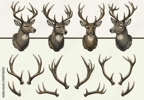 Stunning collection of detailed deer heads and majestic antlers, perfect for nature, hunting, or rustic design projects, capturing the wild spirit.