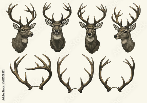 Stunning collection of detailed stag heads and antlers, presented in a classic artistic style perfect for wildlife enthusiasts and nature lovers seeking authentic woodland imagery