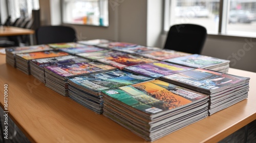Variety of club flyers and sports brochures. Piles of colorful magazines stacked on a polished wooden table in a modern office, concept of media collection.