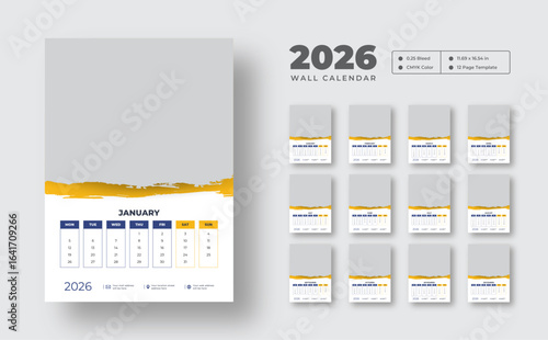 2026 wall calendar template | Clean 12-page monthly planner in vector format | Editable and printable wall design for scheduling