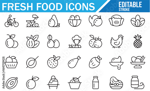 Collection of line icons representing various fresh food items like fruits, milk, and snacks.
