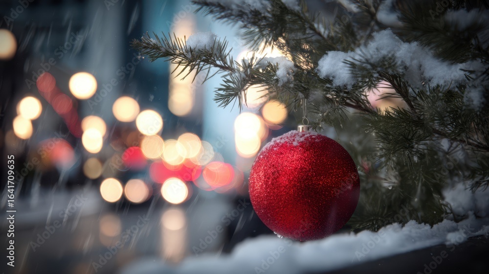 Obraz premium The beautiful red ornament glistening on a snowy winter evening.