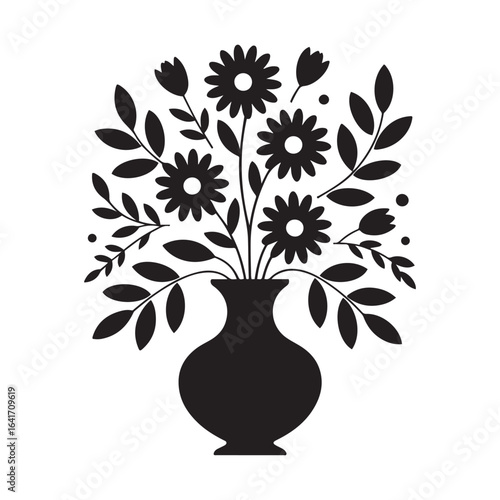 Elegant floral arrangement of daisies and leaves within a decorative black vase. Vector black silhouette. with white background.