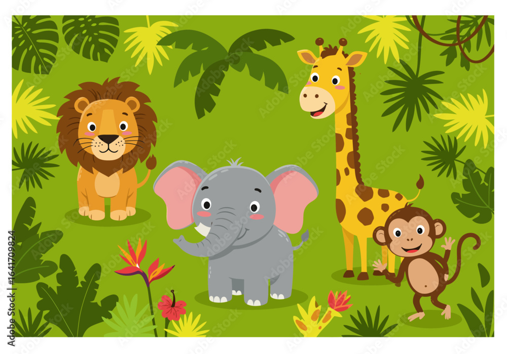 Naklejka premium Joyful cartoon safari animals including a lion, elephant, giraffe, and monkey frolic amidst lush jungle foliage and vibrant tropical flowers