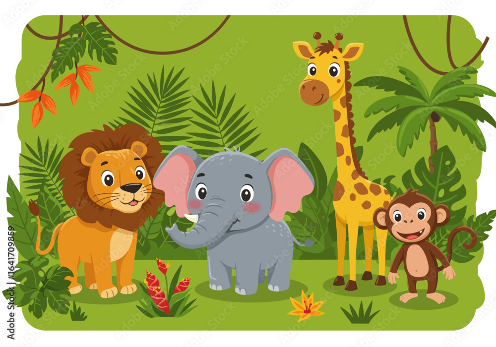 Naklejka premium Adorable cartoon jungle animals, a happy lion, elephant, giraffe, and monkey, posing together in a lush green forest setting with vibrant flora