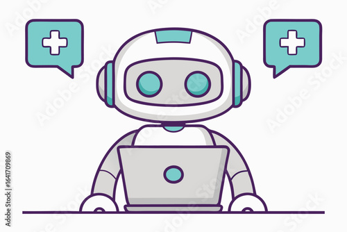 Cute robot with laptop and medical cross speech bubbles