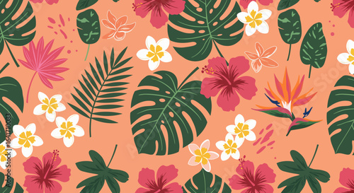 Vibrant tropical floral pattern brings exotic paradise vibes to any design project with lush foliage and colorful blossoms on a warm coral background.