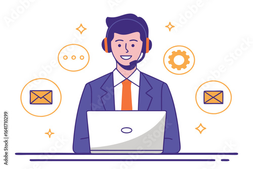 Man with headset and laptop surrounded by communication icons